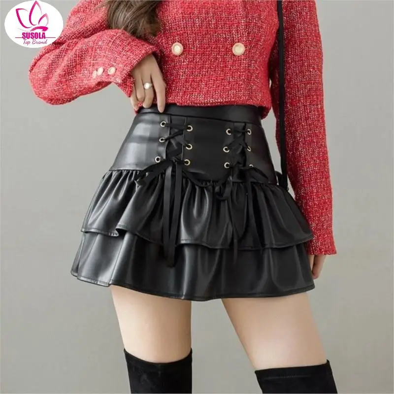 

SUSOLA Mall Goth Punk PU Skirt Women Dark Gothic Vintage Bandage High Waist Lolita Skirt Harajuku Streetwear Emo Alt Clubwear