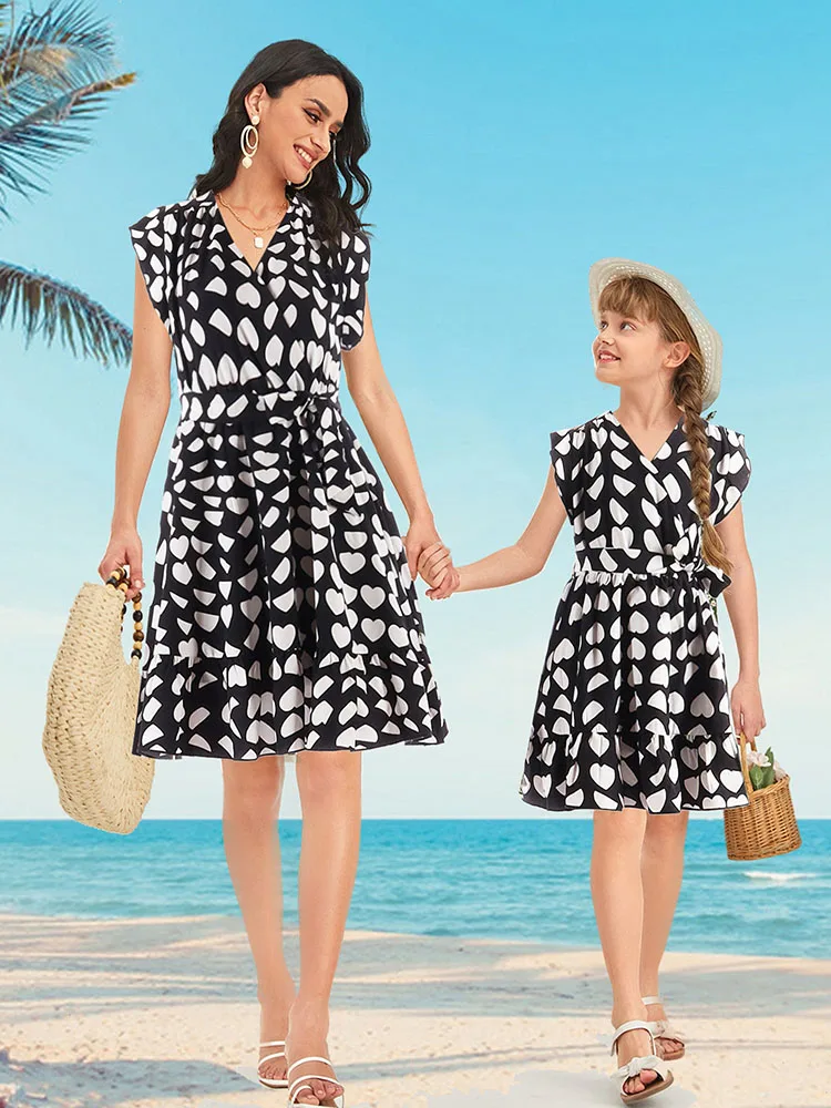 

Fungus Edge Short-sleeved Straps Waist Holiday Parent-child Dress Chiffon Cute Girls Skirt Cocktail Party Women's Clothing