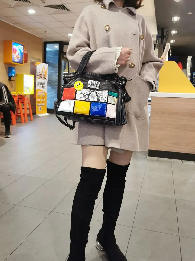 

New Fashion Denim Bag Real Leather Diamond Stitching Colorful Tassel Briefcase Hand One Shoulder Messenger Bag Luxury Designer