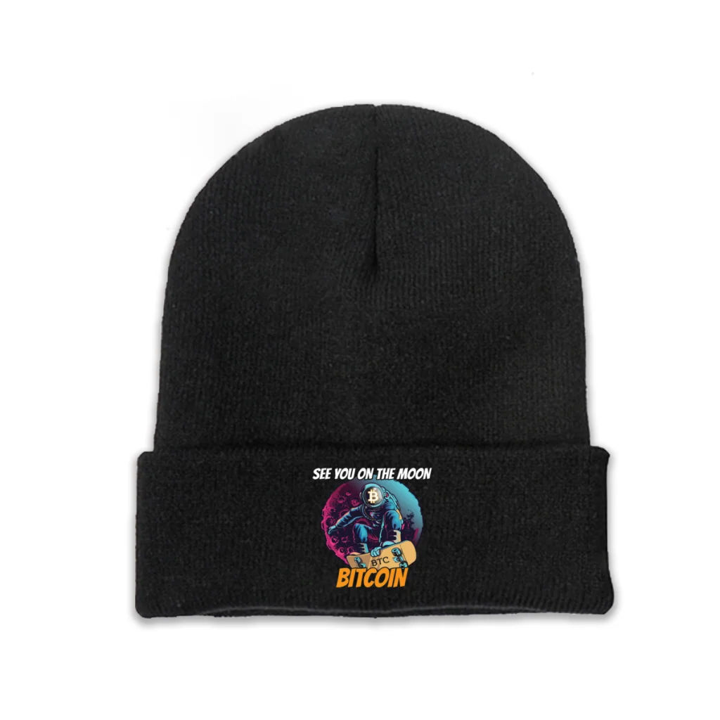

Knit Hat Bitcoin Cryptocurrency Miners Meme Winter Warm Beanie Caps See You On The Moon Men Women Fashion Casual Bonnet