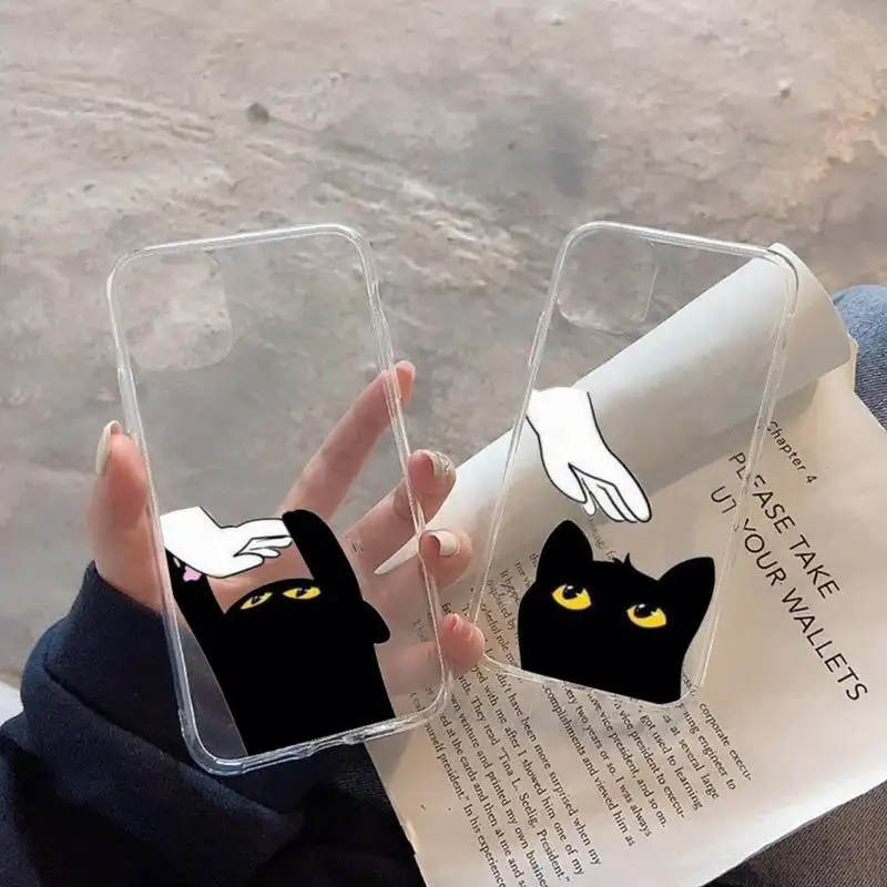

black funny cat hand painted Phone Case Transparent soft For iphone 12 11 13 7 8 6 s plus x xs xr pro max mini