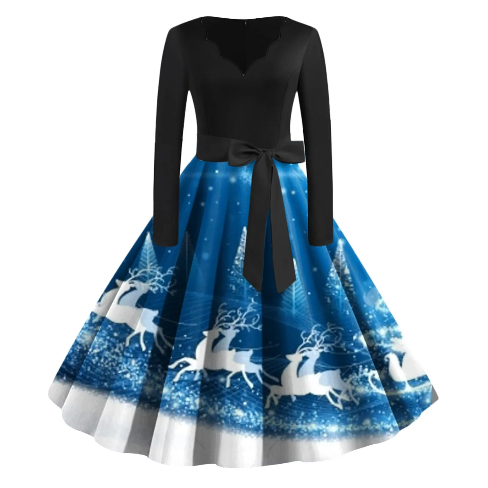 

Christmas Women's Classic Tea Dress Vintage Long Sleeve V Neck Pleated Belt Dress Elegant Big Swing Cocktail Party Dresses