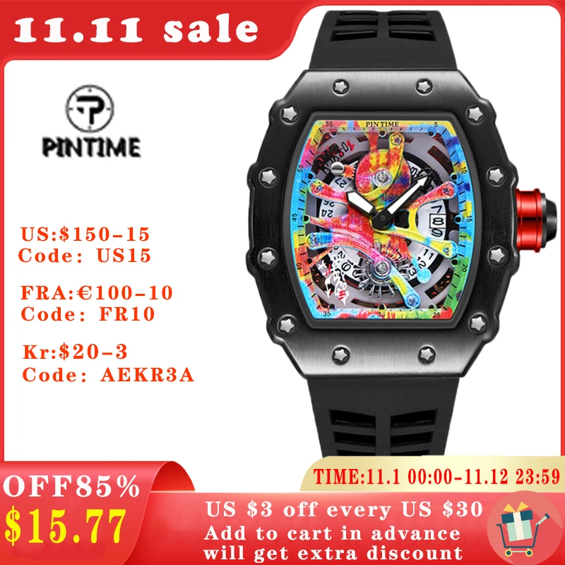 Pаспродажа Часы PINTIME мужские спортивные в стиле хип-хоп, модные с силиконовым резиновым ремешком