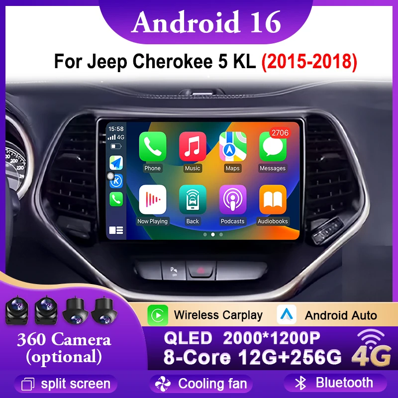 Фото Для Jeep Cherokee 5 KL 2015-2018: Автомагнитола Android 16 с GPS-навигацией, Carplay, 4G, Wi-Fi, Bluetooth, видео 2K №1