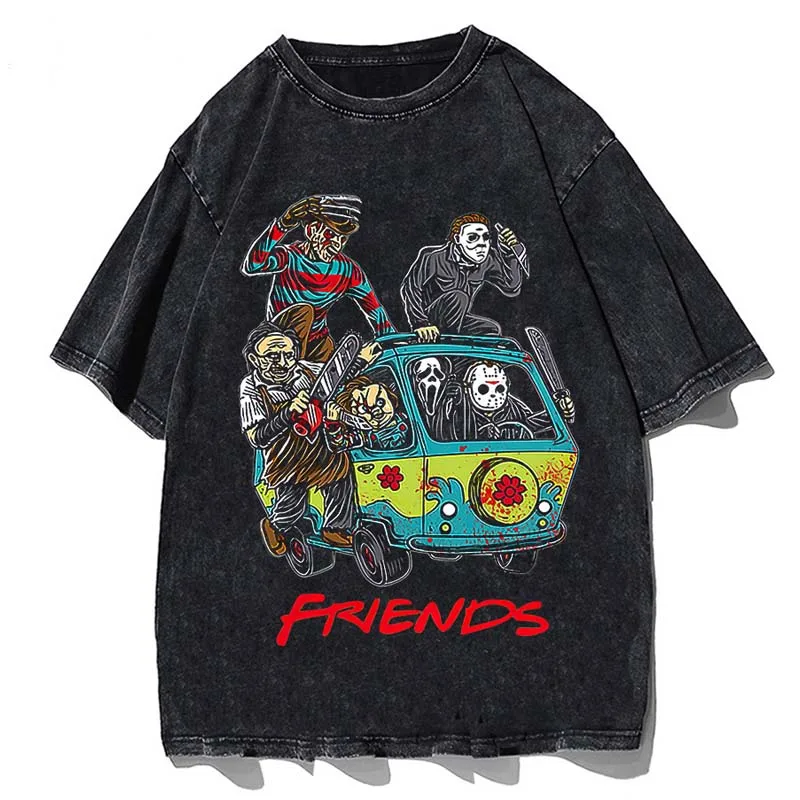 

Horror Friends Printed T-Shirt Men O Neck Cool Summer T Shirts Short Sleeve Tees Fashion Tops for Men Harajuku Washed Tshirt
