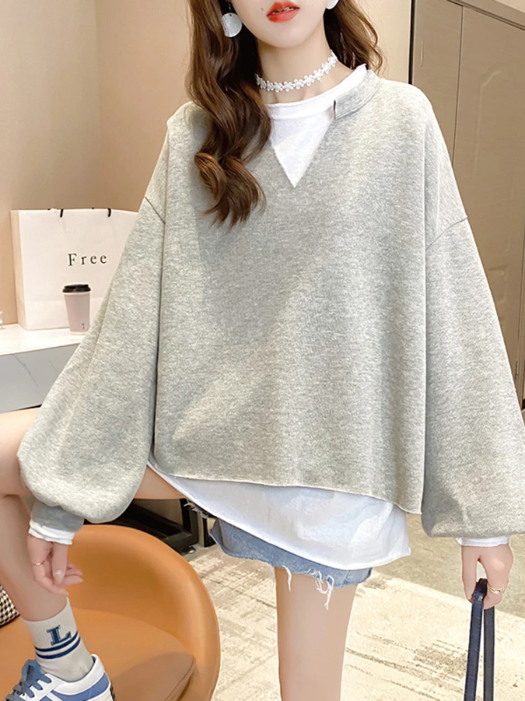 

Sweatshirts Ladies Tops Fashion Spring Autumn Crew Neck Pullover Splicing Loose Long Sleeves Thin Style Regular Tenafeicc