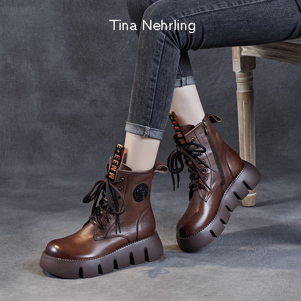 

TinaNehrling Thick Soled Short Boots for Women in Autumn Winter Style Leather Round Head Lace up Side Zipper Casual Boots