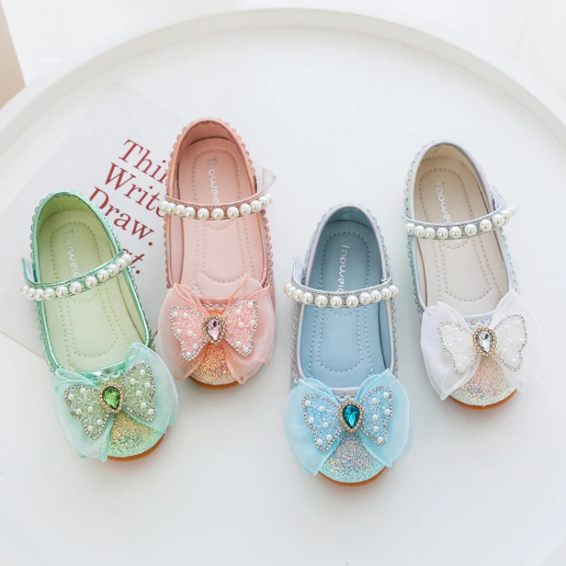 Sweet Princess Leather Shoes Spring and Autumn New Children's Shiny Soft Soled Baby Girls Crystal Shoes for Party Wedding Pearls