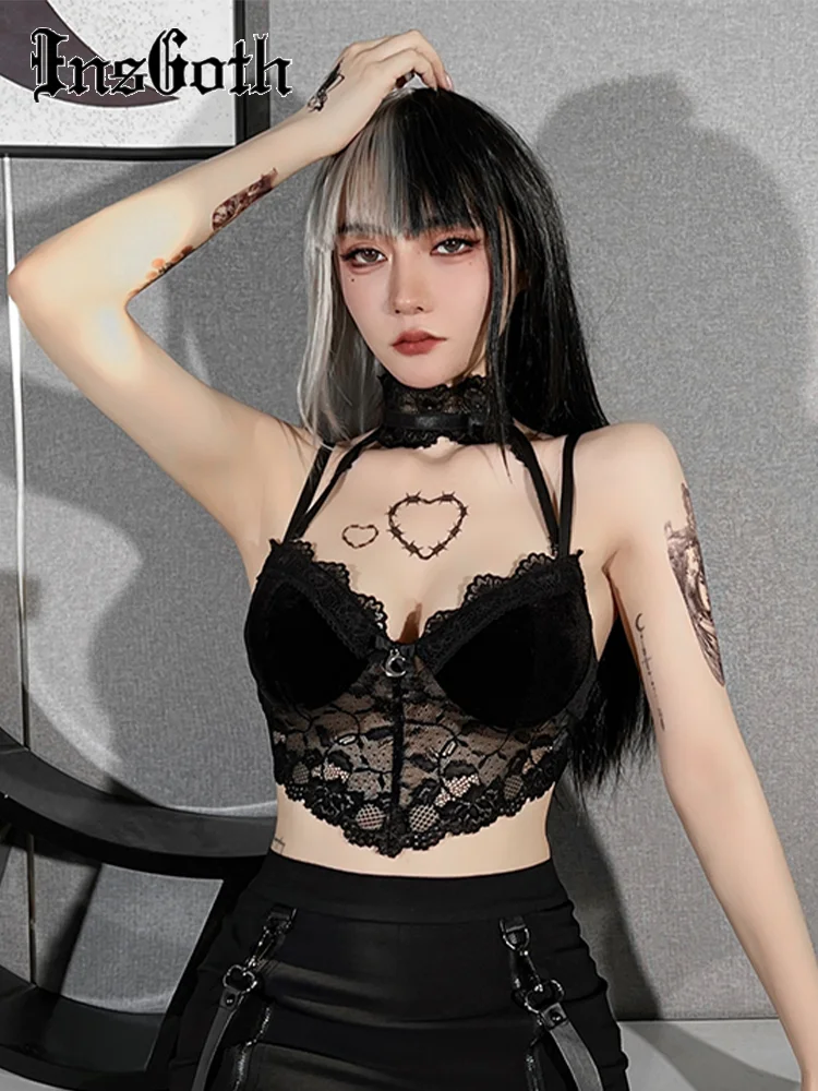 

InsGoth Gothic Mall y2k Lace Halter Crop Top Women 2022 Summer Fairy Grunge Corset Top Festival See Through Lace Elegant Tanks