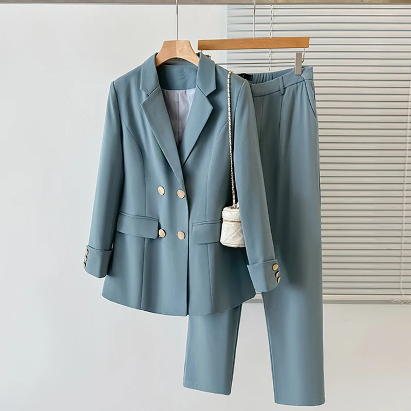 Женский двубортный пиджак и брюки элегантный деловой костюм из двух предметов