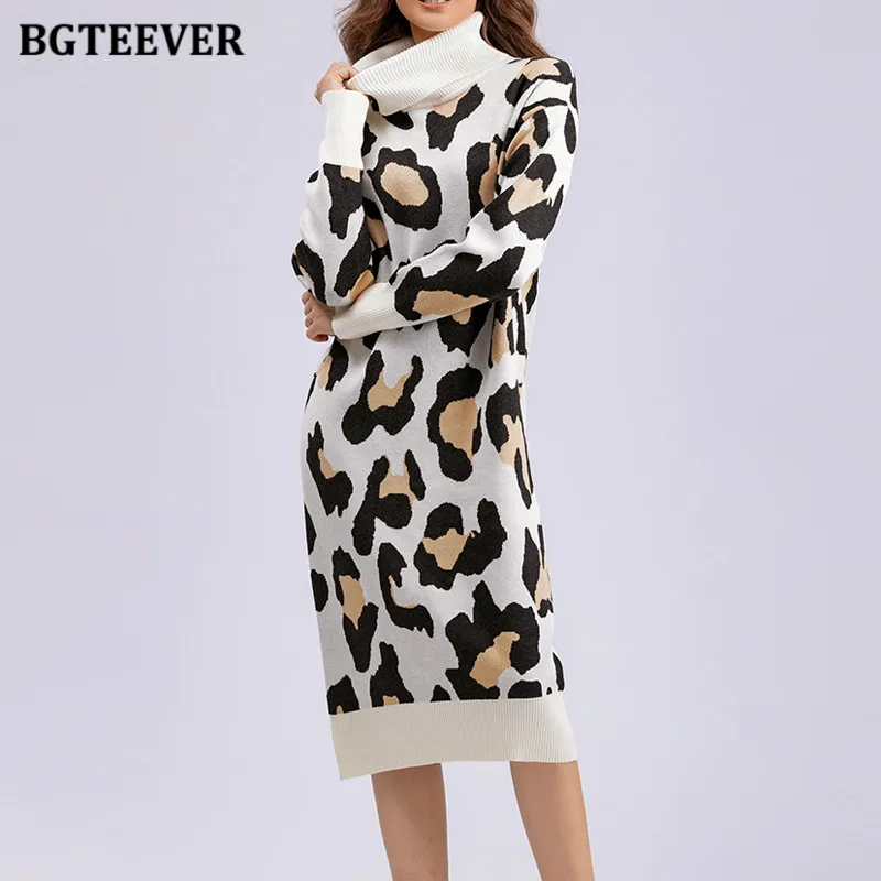 

Стильное трикотажное платье BGTEEVER с воротником-хомутом и леопардовым принтом для женщин, осенне-зимнее элегантное свободное женское платье-свитер с длинным рукавом