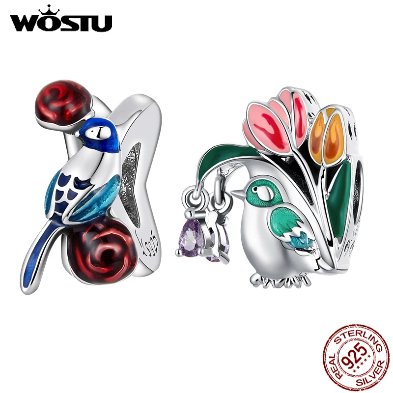 

WOSTU Flower Bird Fits European Charm Bracelet 925 Sterling Silver Zircon ZC Birthday Pendent for Bracelet Necklace Fine Jewelry