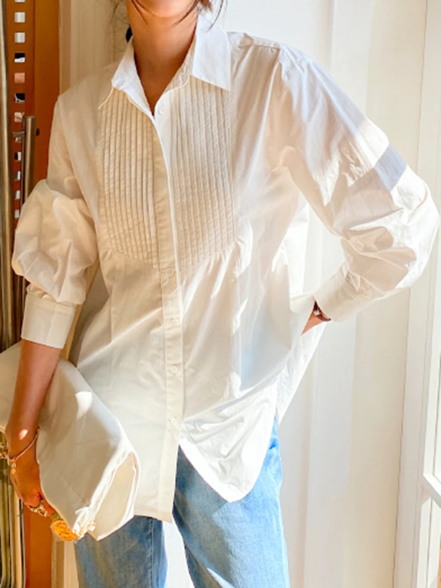 

Retro Folds Blouse Woman Elegant Turn-down Collar Single-breasted Loose White Shirts 2022 Autumn Vintage Causal Mujer Chemises