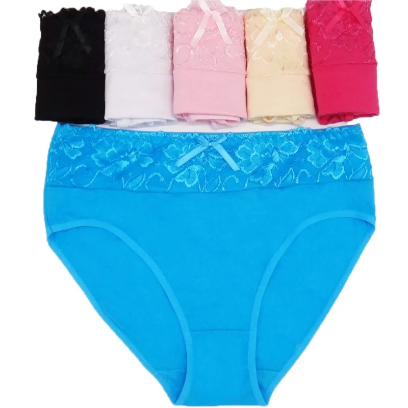 

Plus Size Women Panties Mid Waisted Solid Lace Sexy Pure Cotton Comfortable Bow Fashion Femenina Briefs Solid Ladies Lingerie