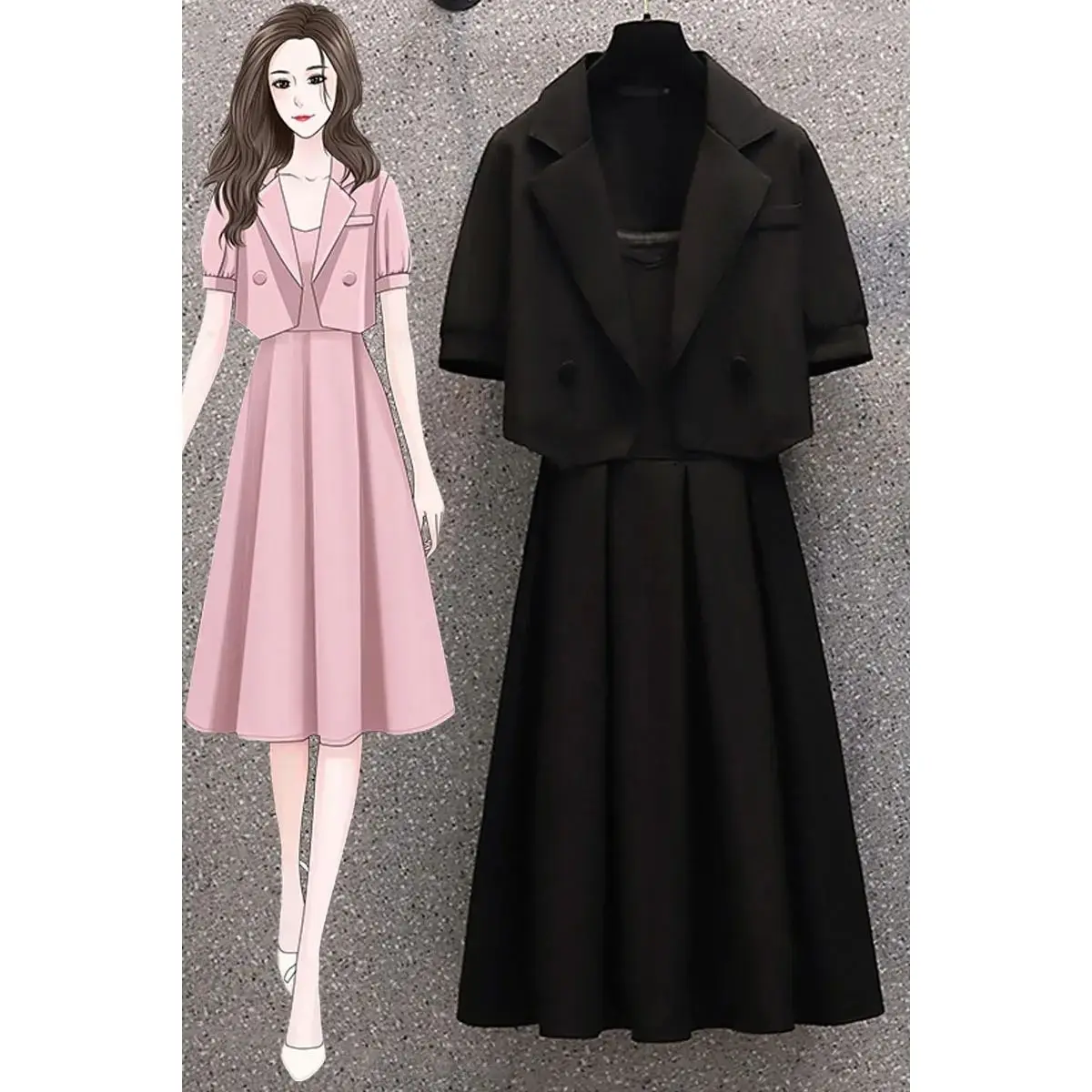 2023 Summer Korean Style Short Sleeve Slim Fit Jacket Blazer Strap Dress Two Piece Elegant Women's Party Dress Office Outfits