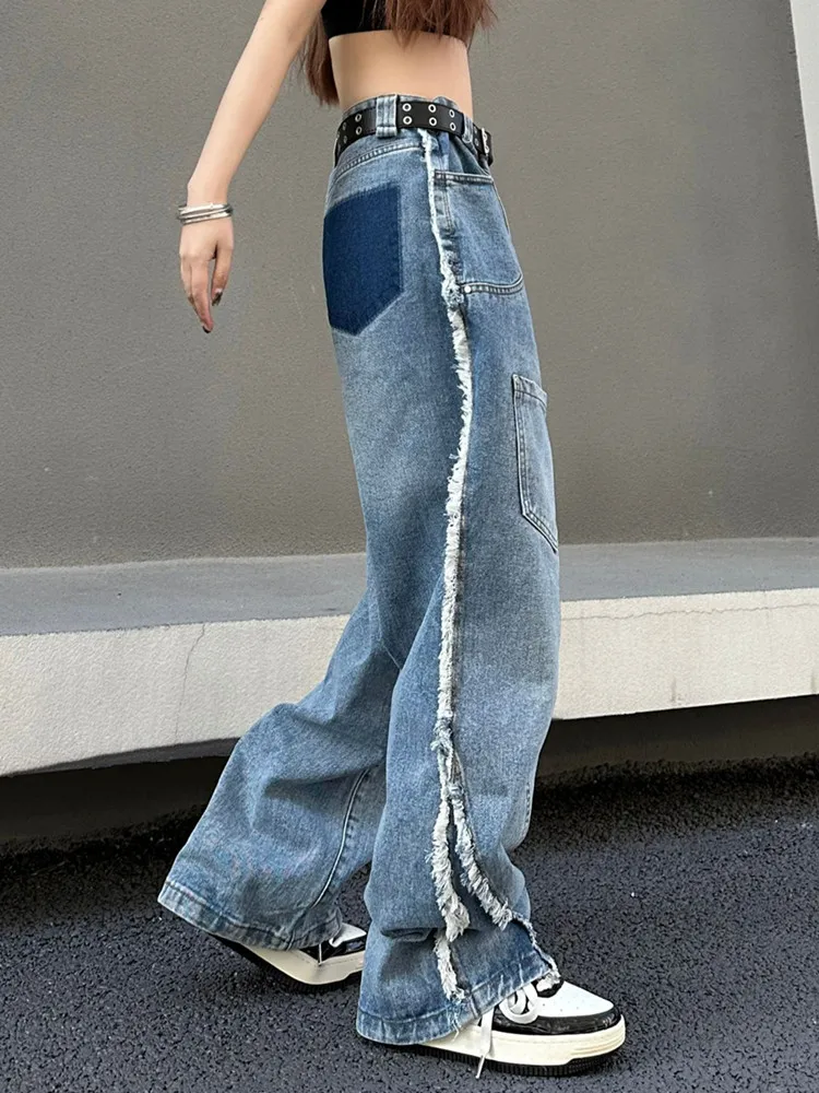 Женские джинсы с карманами голубые мешковатые брюки-карго в Корейском стиле