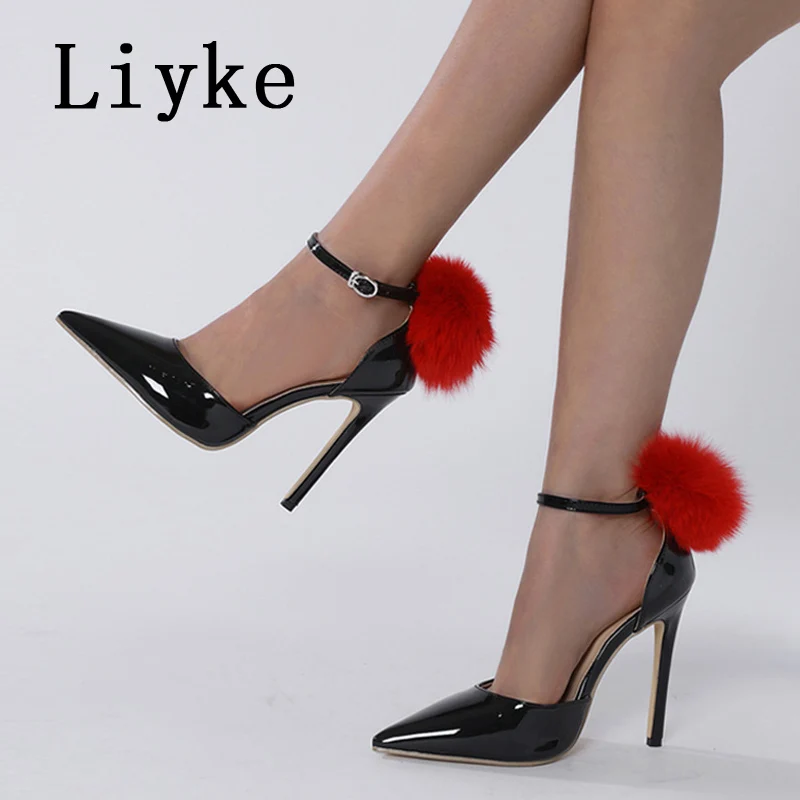 

Туфли-лодочки Liyke женские на высоком каблуке-шпильке, модные сандалии с мехом, заостренный носок, ремешок с пряжкой, летние туфли-лодочки, че...