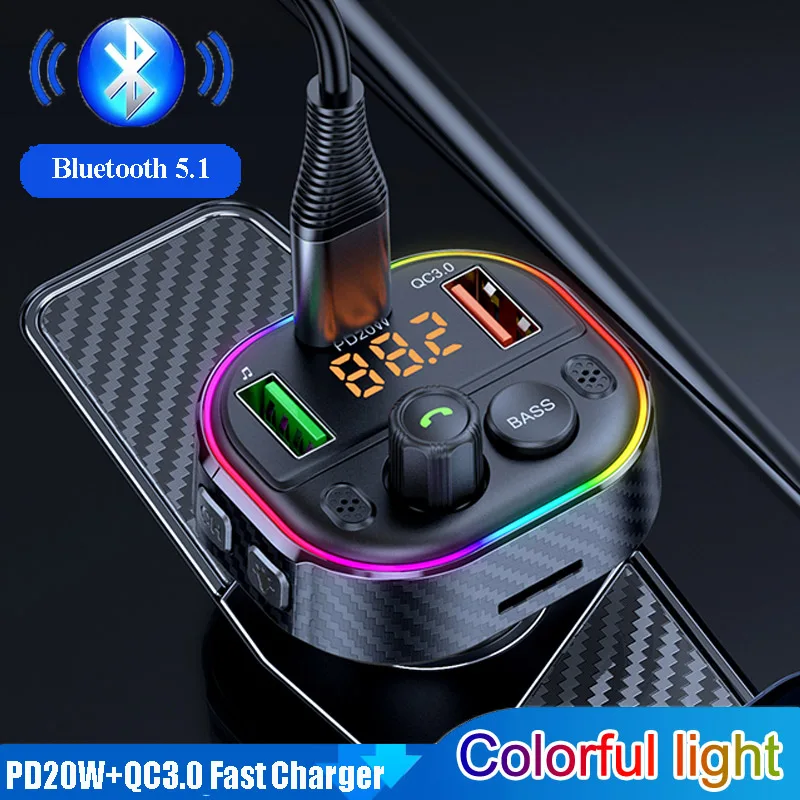 

Автомобильный Bluetooth-совместимый FM-трансмиттер 5,1 PD 20 Вт QC3.0 быстрое зарядное устройство MP3 музыка TF USB бас-плеер красочный свет автомобильный ...