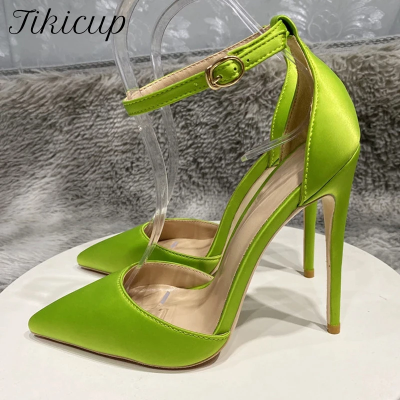 

Tikicup Fluo Green Satin Silk Women Ankle Strap D'Orsay High Heel Wedding Shoes Summer Elegant Ladies Stiletto Sandals Pumps