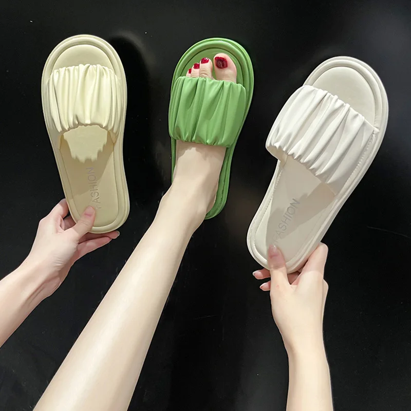 

Shoes Slippers Flat Slipers Women Slides 2022 Summer Rubber Rome Basic Pleated PU Rubber Slippers Flat Shoes Female Slides Slipe