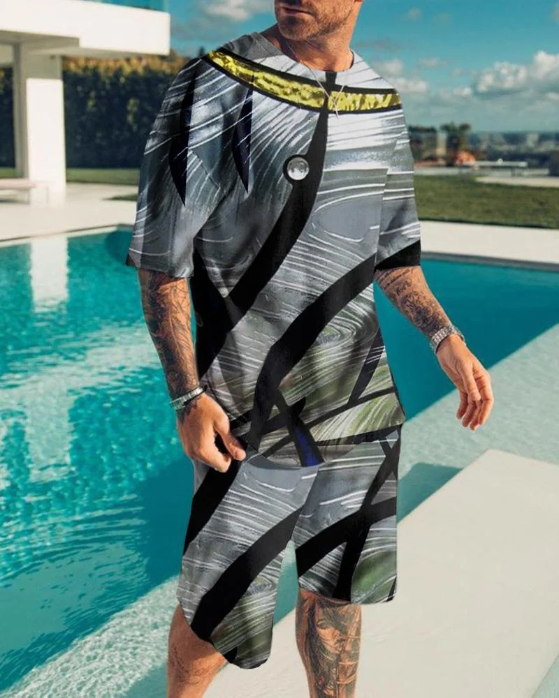 2023 Men's Set Streetwear 3d Print Short Sleeve Shirt Shorts Sets Summer Fashion Suit Crewneck Sportswear Man Oversized Clothing