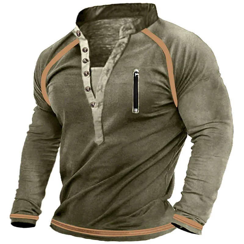 

Men's Autumn Long Sleeve Stand Collar Button Loose Pullover Tops Casual Men Shirts Retro Pattern Printed Zip Pockets Sweatshirt