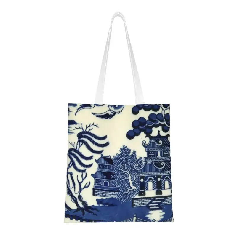 

Reusable Antique Willow Ware Oriental Toile Shopping Bag Canvas Shoulder Tote Bag Blue Delft Chinoiserie Pagoda Shopper Bags