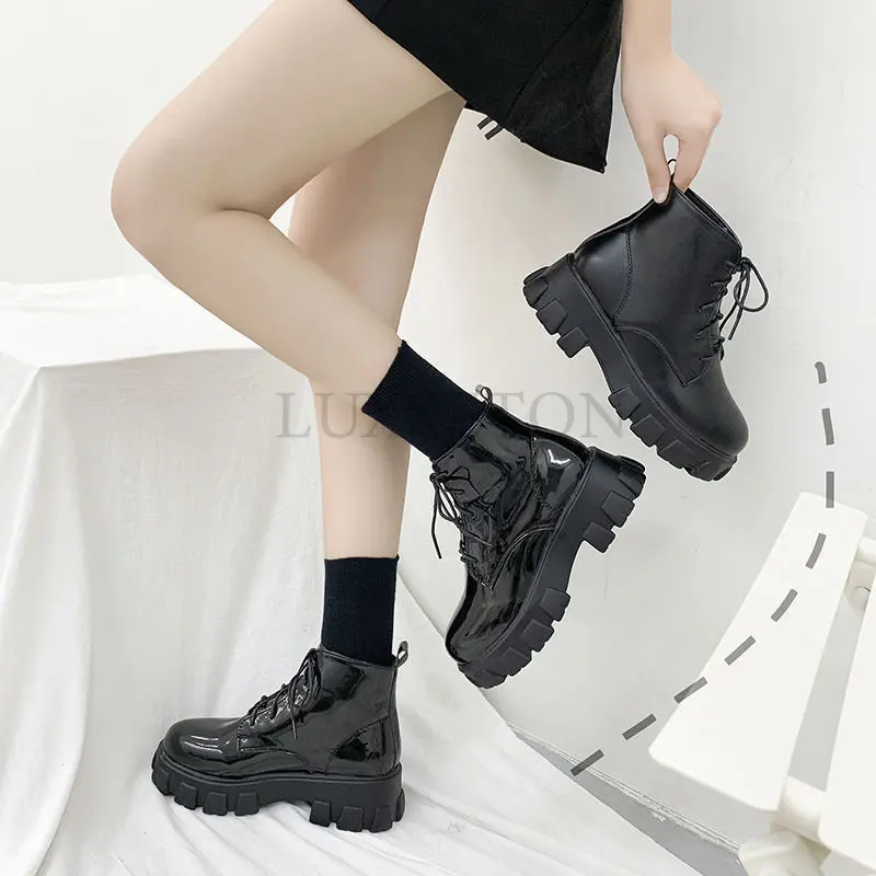 

Black Boots Women Platform Ladies Fashion PU Leather Ankle Woman Comfortable Walking Footwear Designer Botines Mujer Shoes