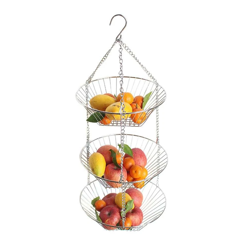 

2X Hanging Fruit Basket Iron Art 3-Layer Baskets Fruit Tray Drain Basket Household Fruit Bowl Storage Basket