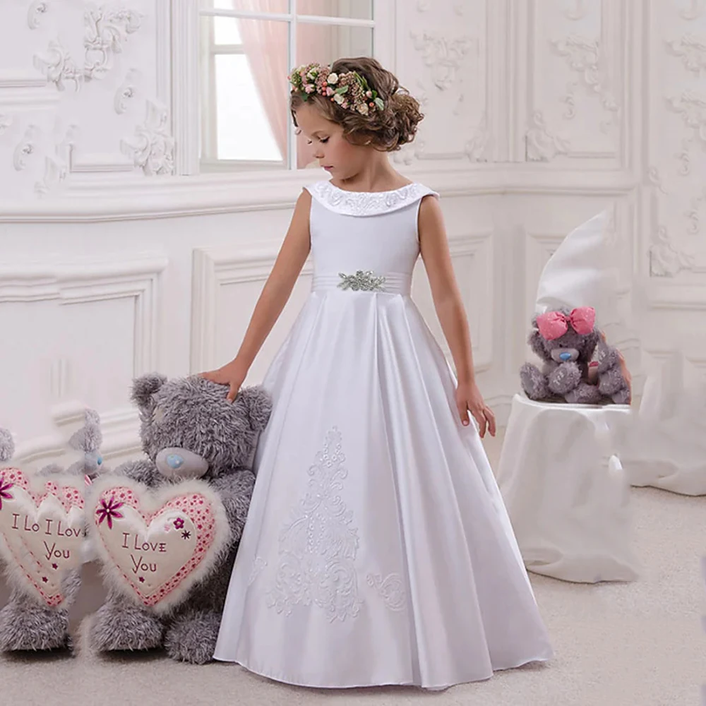 

A-Line Flower Girl Dress Simple Scoop Neck Sequined Appliques Sleeveless Bow Floor-Length Baby Party Dress First Communion Gown