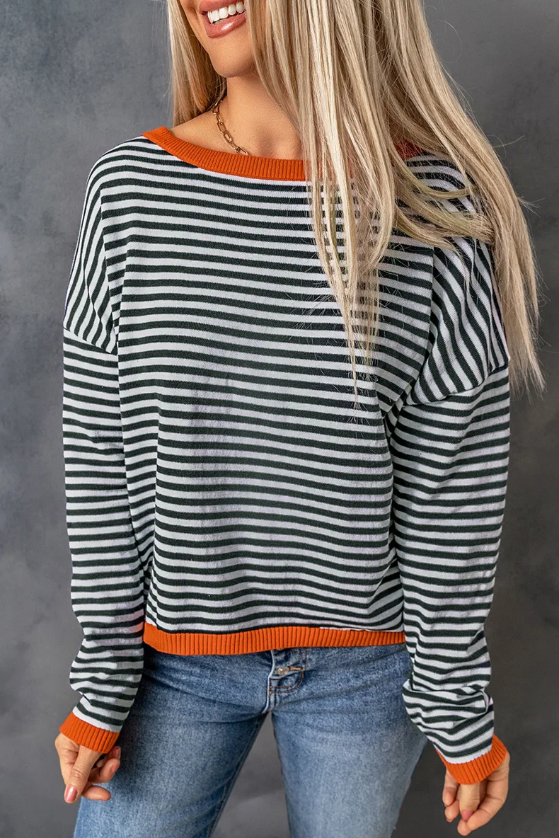 

Fashion Contrasting Color Trimming Striped Drop Shoulder Sweater Women's Loose All-Match Long Sleeve Tops