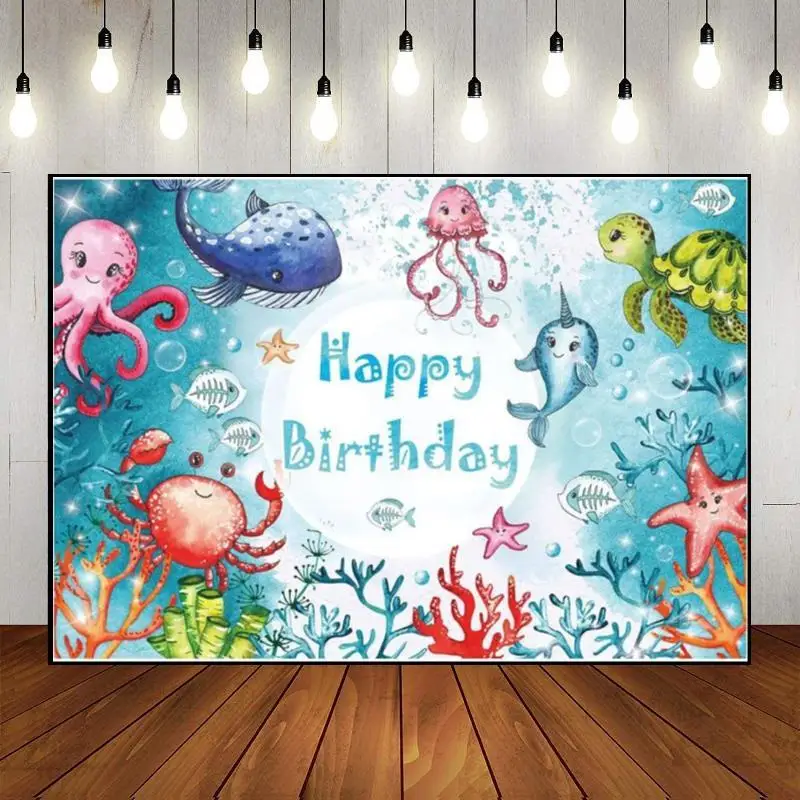 

Whale Under The Sea Ocean Crab Blue Nautical Banner Background Photo Decoration Birthday Boy Photography Backdrops Game Party