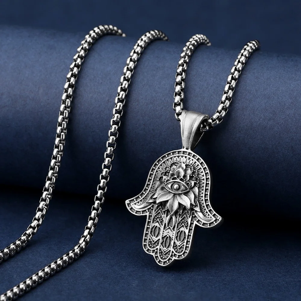 

Hand of Fatima Stainless Steel Necklaces for Men Women Deep Sea Blue Evil Eye Necklace Pendants Neck Jewelry Gift Collier Homme