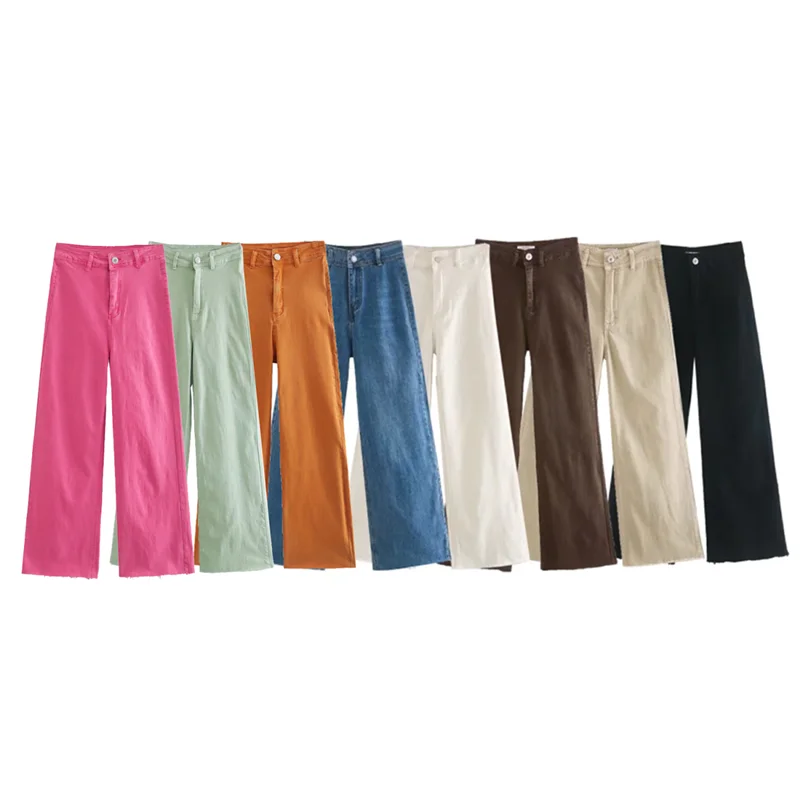 

2022 European and american women's autumn new style high waist slim raw edge straight-leg wide-leg jeans
