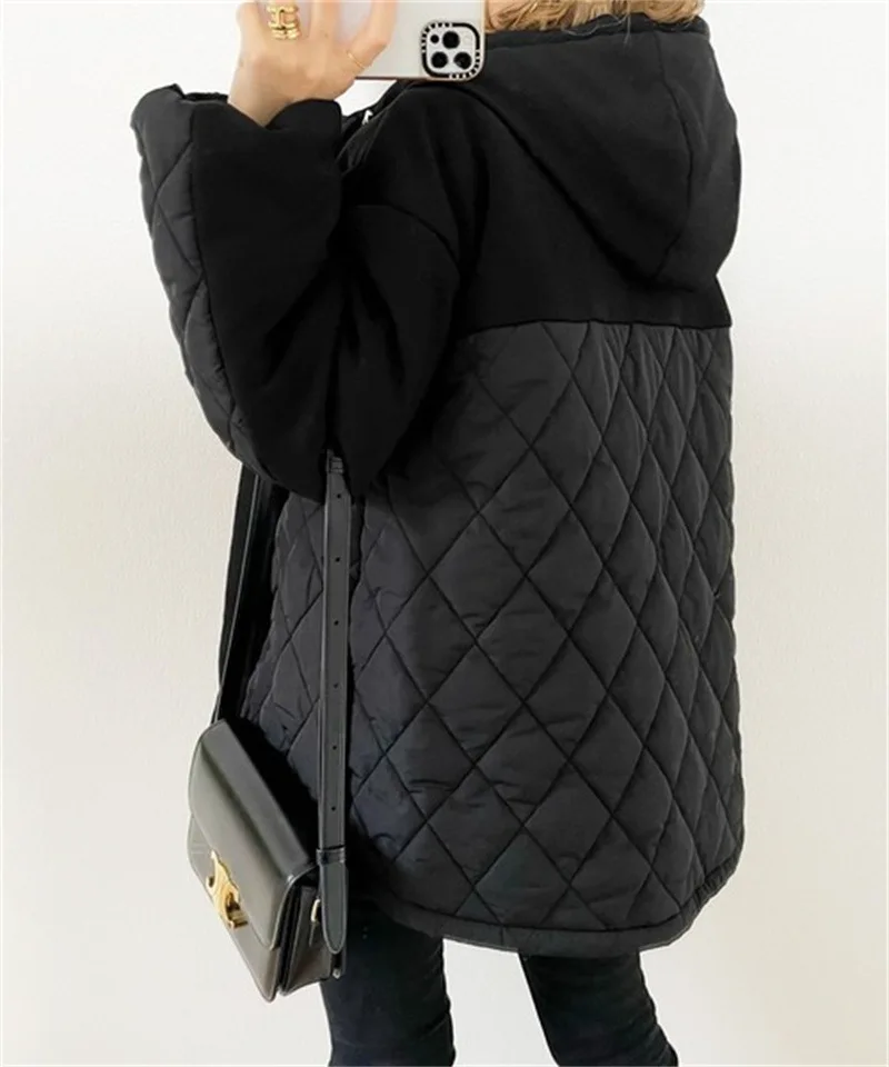 Japanese cotton parka women's loose diamond shaped plaid cotton hooded long sleeved women's coat in autumn  winter 2022