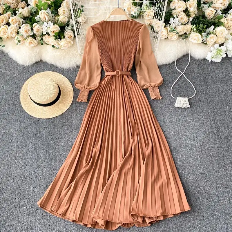 

Pleated Skirt Pleated Dress Shows Thin Temperament with Waist Closure Fashion Women's Spring New French Dress Long Style