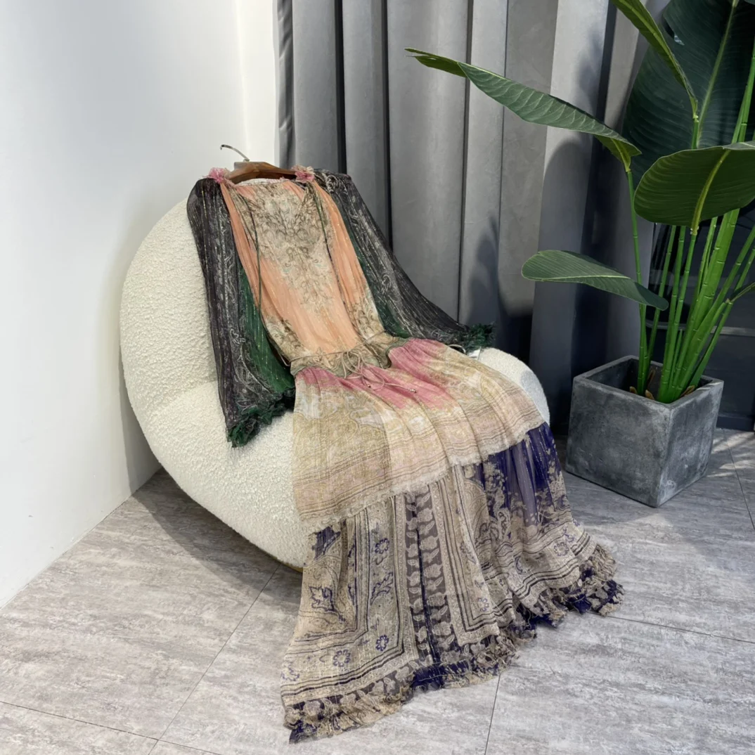 

2022 Summer Top Quality Pure Silk Ease Paisley Print Multi Color Spliced Frill Ruffle Half Open Neckline Midi Light Dress Women