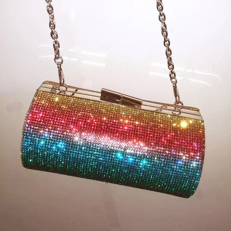 

Вечерние клатчи с разноцветными кристаллами и стразами, женские круглые маленькие радужные сумочки, роскошная дизайнерская сумка на цепочке через плечо FTB353