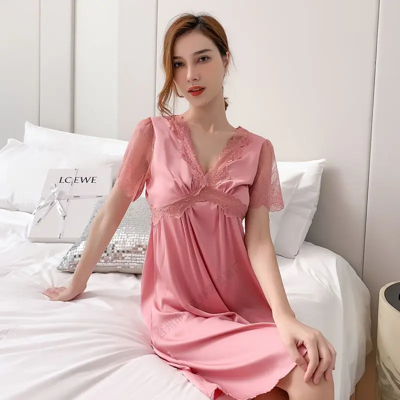 Silk Pajamas for Women Nightgown Sexy Lace Short-sleeved Mid-length with Chest Pad Nightdress Nightgowns Women Sleepwear Pijamas