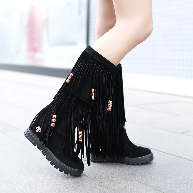 Women's Boots Winter New Round Head Zipper Tassel Internal Increase Mid Heel Short Tube Women's Shoes Plus 34-43 Botas Mujer