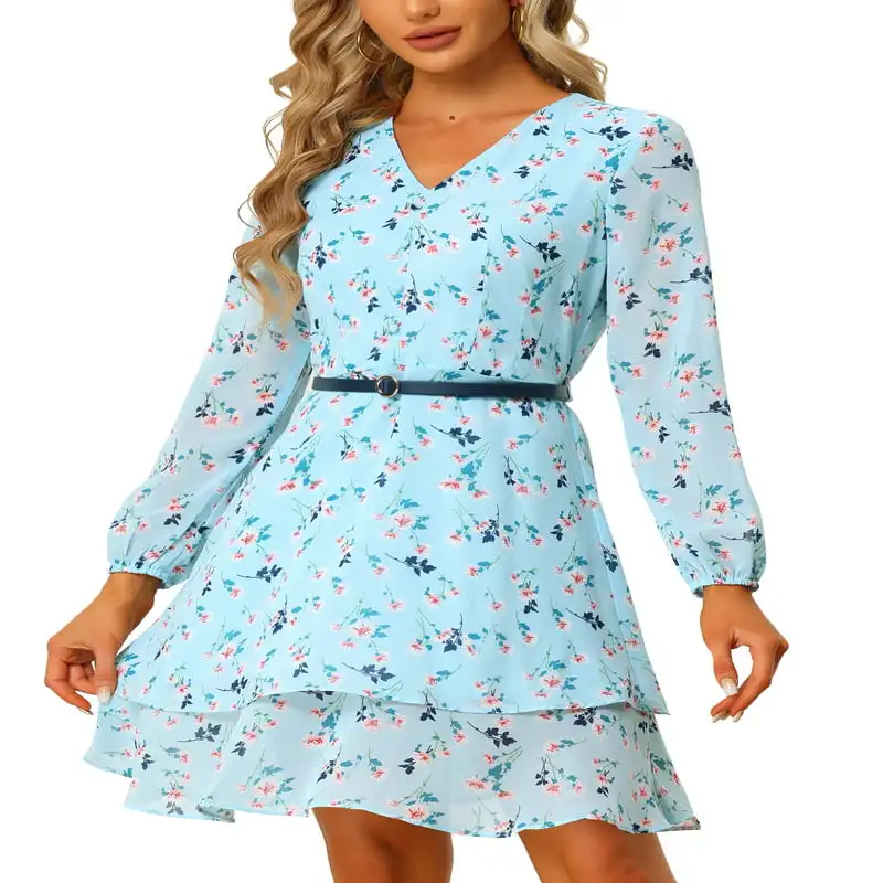 

Floral Layered Dress Belted V Neck Chiffon Short Dresses