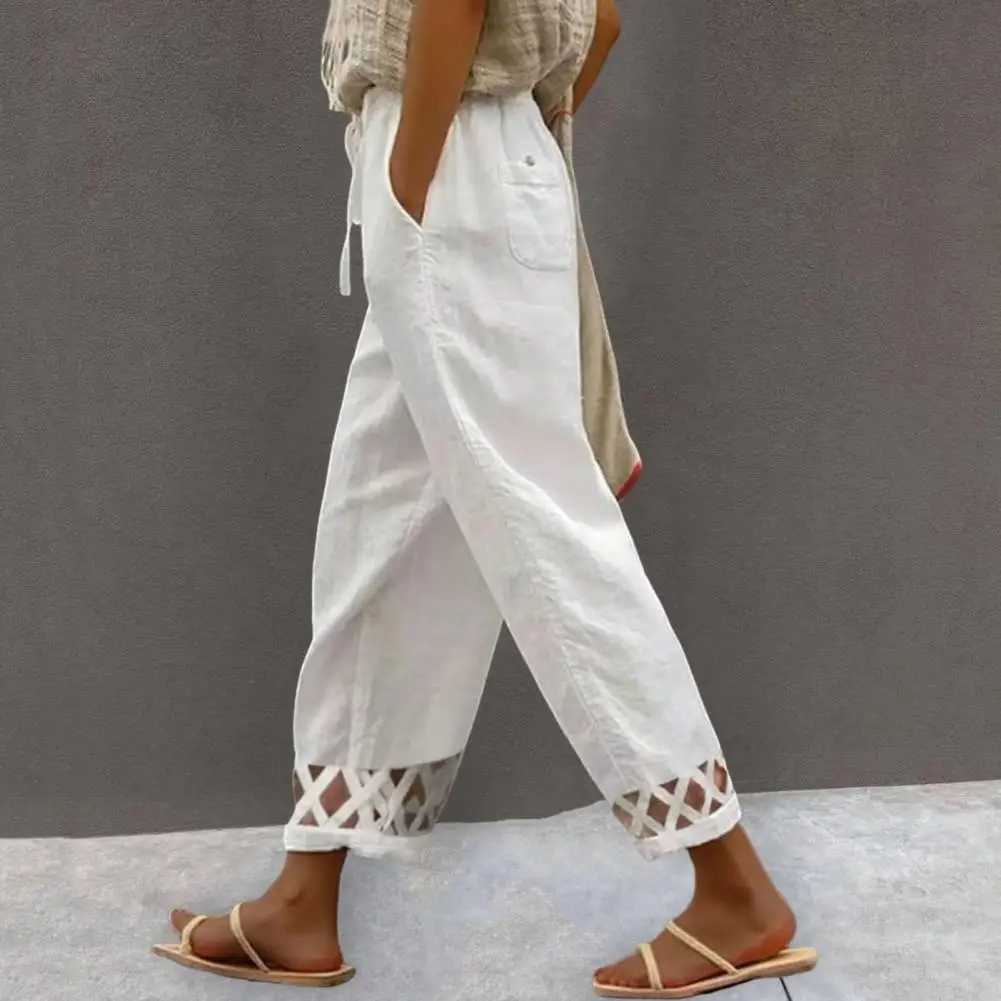 Elegant Lace Patchwork Women Pants Spring Summer New White Pockets Elastic Waist Ladies Casual Streetwear Office Trousers