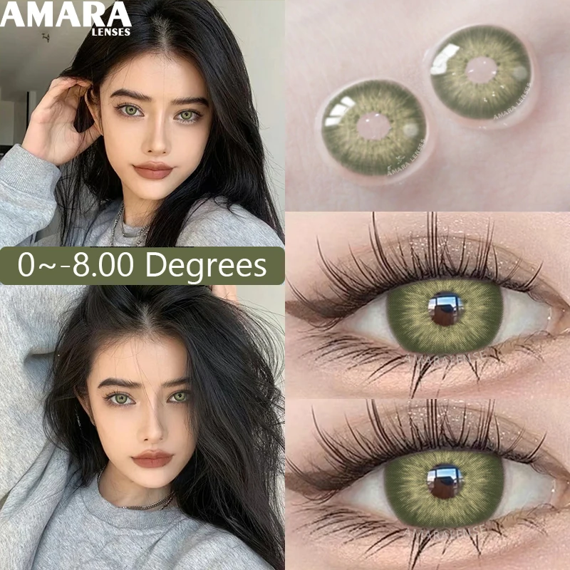 Фото AMARA 1 пара корейских цветных контактных линз с диоптриями для коррекции близорукости, зеленые линзы, модные линзы №1
