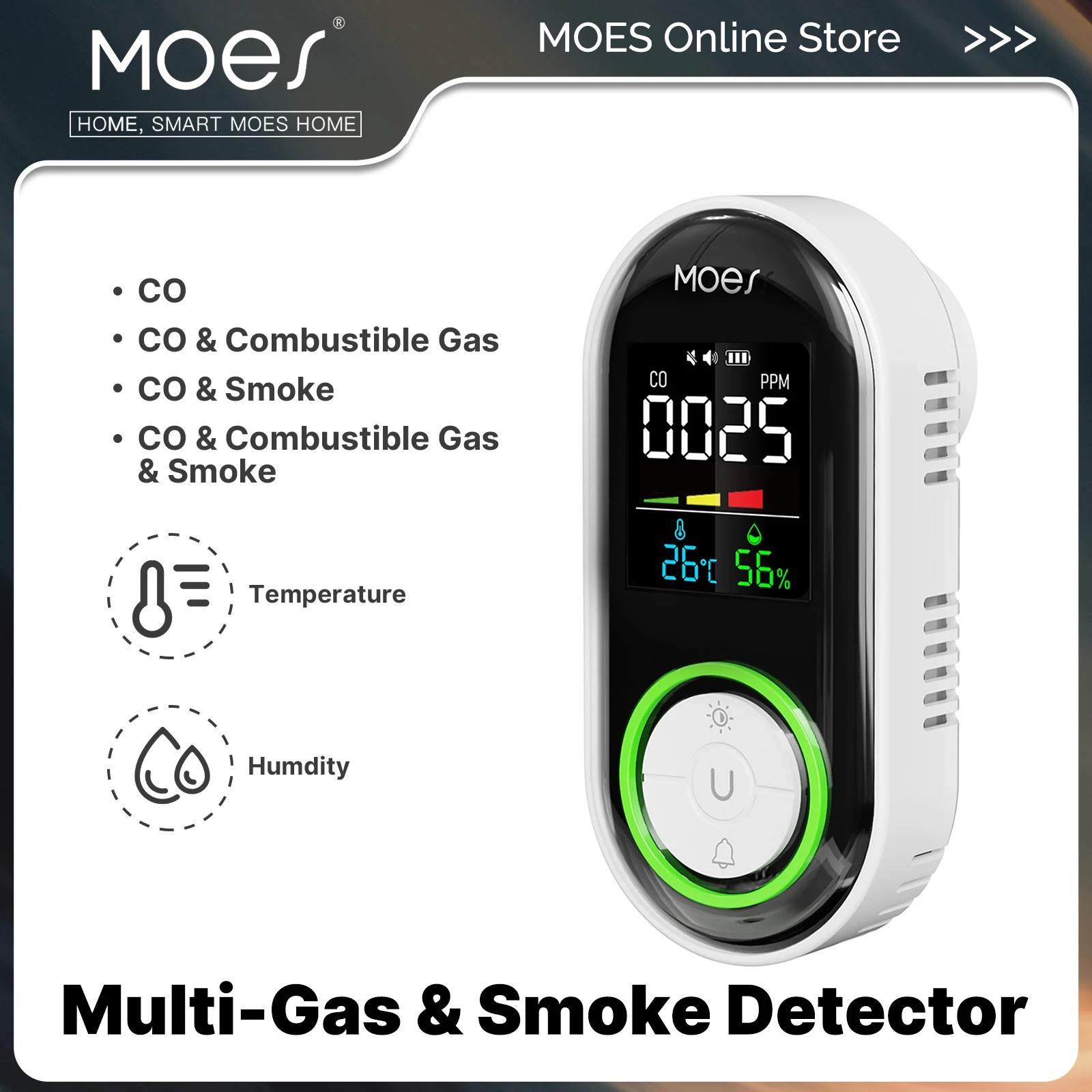 Фото Детектор дыма и угарного газа MOES CO, сигнализация, подключаемый датчик, светодиодный дисплей, измерение температуры и влажности, для кухни, гаража, котла
