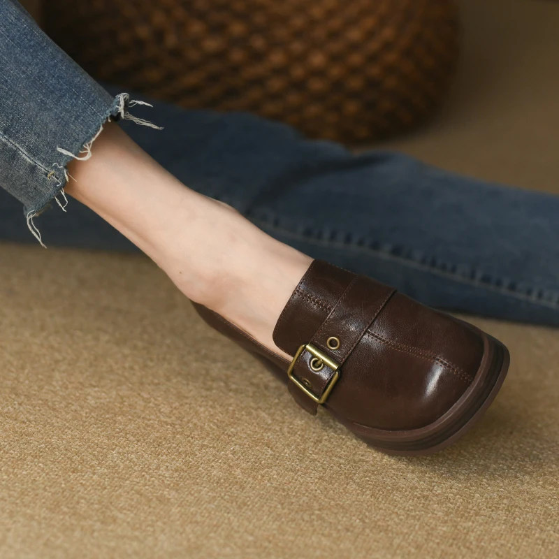 Туфли-лодочки женские на квадратном каблуке лоферы из овечьей кожи без застежки