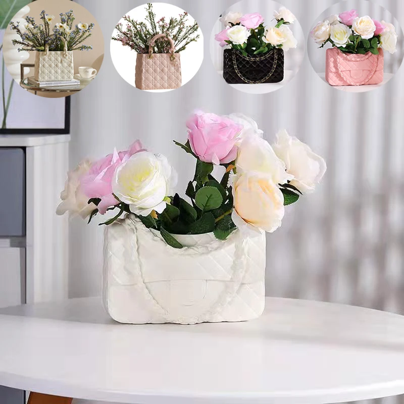 

Luxury Home Decor Women Bag Vase Resin Flowerpot Ornaments Brand Handbag Vase Sculpture Crafts Key Storage Box Living Room Decor