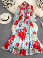 2022 summer fashion runway vacation chiffon dress women beach bow collar floral print holiday party elegant long dress m1854
