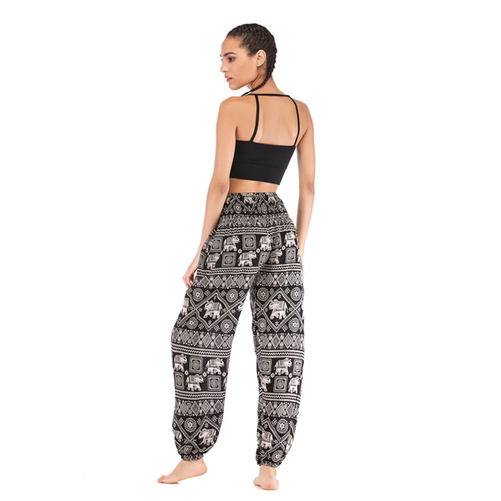 Summer Women Bohemian Floral Print Long Pants Elastic High Waist Vintage Harem Pant Boho Casual Beach Trousers