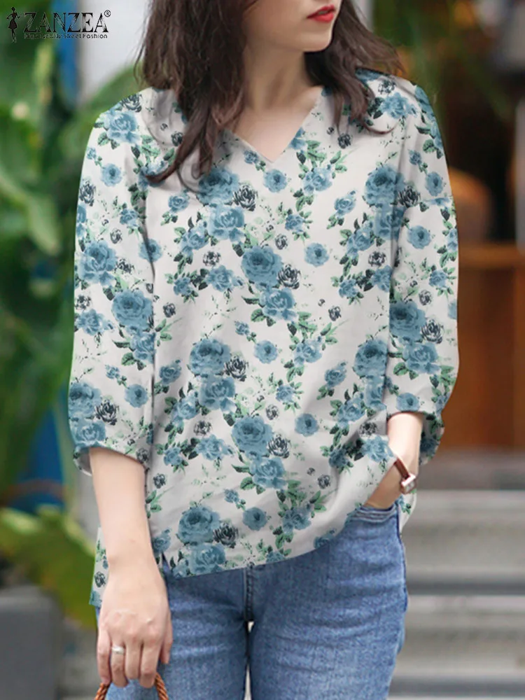 Блузка ZANZEA женская с цветочным принтом Элегантная модная офисная туника рукавом