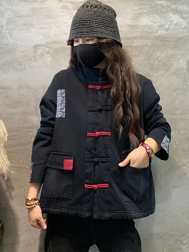Max LuLu Chinese Style Winter Parka Denim 2022 Women Blue Leisure Padded Jackets Female Turtleneck Vintage Coat Loose Clothing